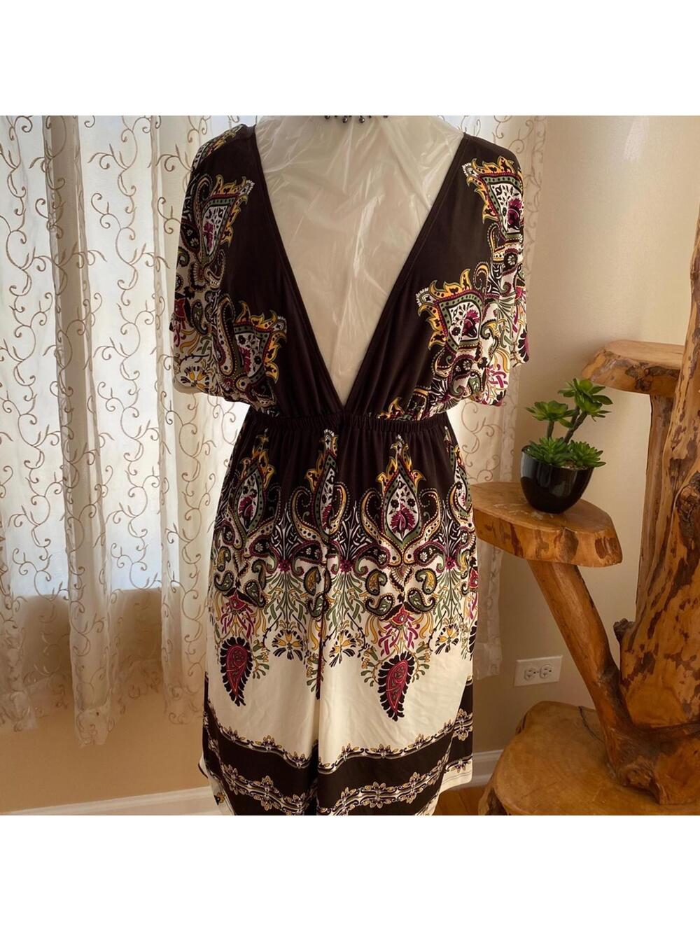 Maurices Medium Brown and Cream Patterned Dress with Deep V Neck